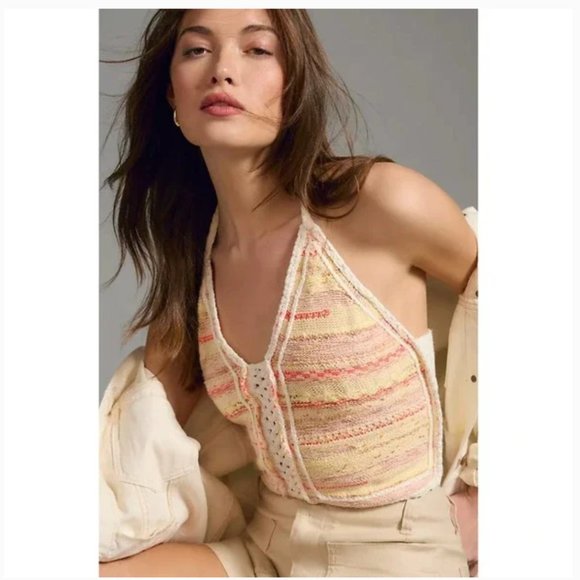 NWT Anthropologie | Cream & Orange Crochet Halter V-Neck Sweater Tank Top, XL - Picture 1 of 9